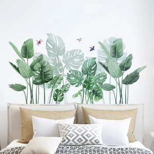 Tropical monstera leaves wall stickers with watercolor birds for bedroom decor