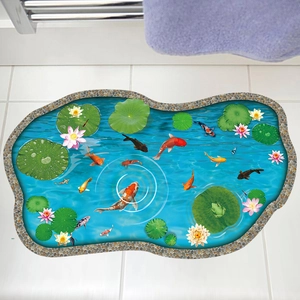 3D koi fish pond floor sticker with lotus and water ripple effects for bathroom decor