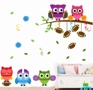 Colorful cartoon owl wall stickers with American football sports theme for kids rooms