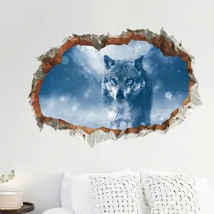 3D Cracked Wall Sticker Creative Wolf Pattern Blue Eyes Forest Snow Scene Removable PVC Waterproof Home Decor Mural Art