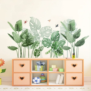 Tropical Rainforest Green Leaf Wall Sticker Monstera Palm Leaves Birds Butterflies Waterproof PVC DIY Home Decor For Living Room