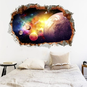 3D cracked wall decal featuring a giant purple planet and star nebula for home decor