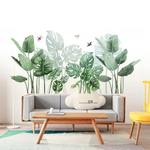 Nordic tropical rainforest green leaf wall stickers with monstera and birds for living room