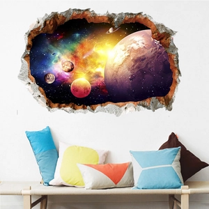 3D wall decal showing a cosmic outer space scene with planets through a broken wall effect