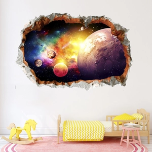 3D cracked wall space sticker featuring realistic galaxy and stars for kids room decor
