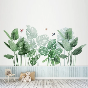 Tropical rainforest green leaf wall stickers with monstera and butterfly for home decor