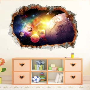 Detailed 3D broken wall effect space wall sticker with purple planet for kids room
