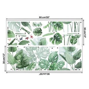 Detail showing tropical monstera leaf wall decal dimensions measuring 90cm x 30cm