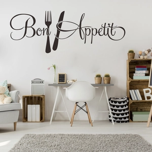 Moderner schwarzer Bon Appetit Wandaufkleber mit Besteck-Silhouette für das Esszimmer