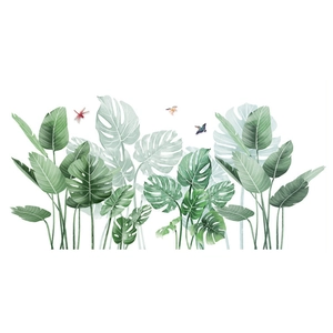 Tropical rainforest green leaves wall decal set with monstera and birds for home decor
