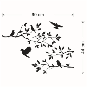 Birds on tree branches wall sticker in black, size 60x44 cm for living room decor