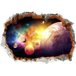 3D outer space wall sticker featuring a cracked wall effect and vibrant purple planets