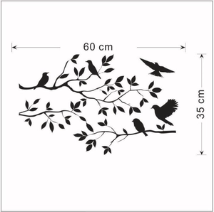 Minimalist black bird branch wall decal set measuring 60cm wide and 35cm high