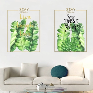 Nordic style tropical green leaves wall art prints set with positive quotes for home decor