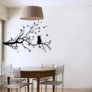 Black cat on tree branch wall decal stickers for modern living room home decoration