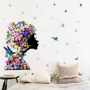 Creative Colorful Floral Girl Silhouette Wall Sticker PVC Removable Butterfly Hummingbird Decor For Living Room Bedroom