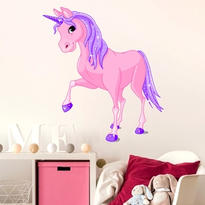Sticker Mural Licorne Dessin Animé Rose Imperméable PVC Cheval de Rêve pour Décoration Chambre d'Enfant Salon