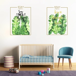 Nordic tropical green leaf wall art decals with motivational quotes for home decor