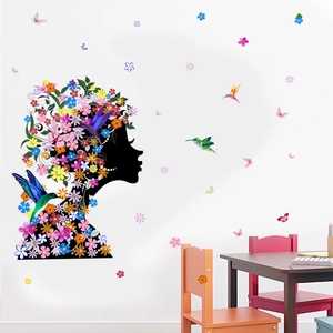 Detailed view of floral girl wall decal with colorful butterflies and hummingbirds