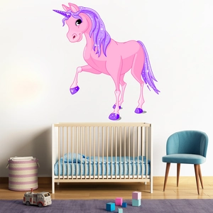 Sticker mural licorne rose avec crinière pailletée pour décoration de chambre d'enfant