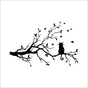 Black cat on tree branch wall decal with flying birds silhouette for home decor