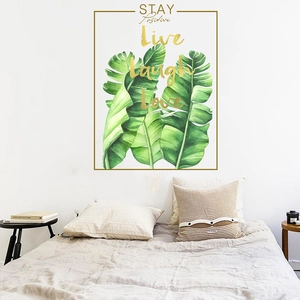 Nordic green leaves wall art with Live Laugh Love quote for modern home decor
