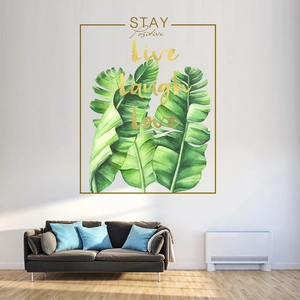 Detail of Nordic green leaves wall sticker with gold Stay Positive and Live Laugh Love text