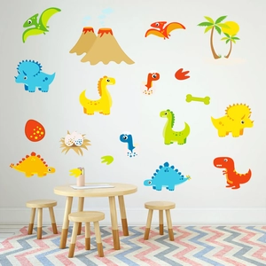 Colorful cartoon dinosaur wall stickers for kids' bedroom featuring T-Rex and volcano