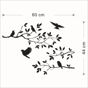 Black bird silhouette wall stickers on branches for living room decor, 60x44cm size