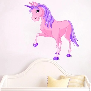 Sticker mural licorne rose avec crinière violette pour chambre d'enfant