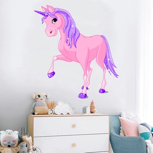 Sticker mural licorne rose avec crinière violette pour décoration de chambre d'enfant