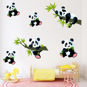 Stickers Muraux Panda Dessin Animé Bambou Imperméables Amovibles pour Chambre d'Enfant Crèche Chambre Décoration Murale Maison