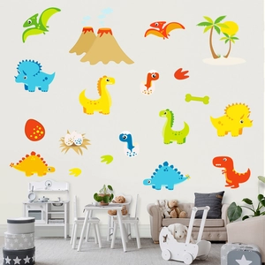 Colorful cartoon dinosaur wall decals set featuring T-Rex and Triceratops for kids' rooms