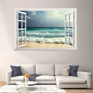 3D ocean view wall sticker mockup showing realistic window frame and beach scenery