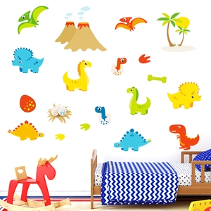 Cute cartoon dinosaur wall stickers kit with volcano and palm trees for kids bedroom decor