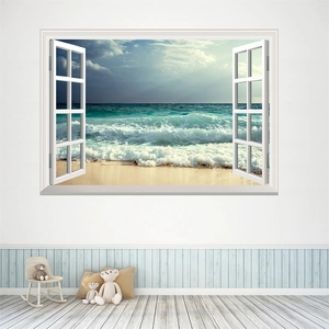 3D Window View Beach Sea Wave Wall Sticker PVC Waterproof Removable Landscape Mural For Living Room Bedroom Home Decor