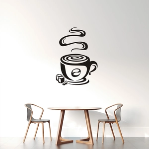 Detail of coffee cup and beans wall sticker in a modern minimalist dining room
