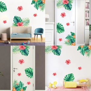 Stickers Muraux Nordiques Feuilles Vertes Tropicales et Fleurs d'Hibiscus Rouges PVC Amovible Imperméable DIY pour Salon Chambre Décoration