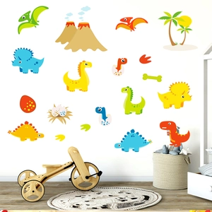 Cartoon dinosaur wall stickers set with volcano and trees for nursery and kids room decor