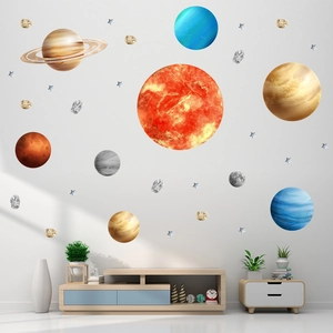 Solar system planet wall decals for kids room with Sun, Saturn and stars on white wall