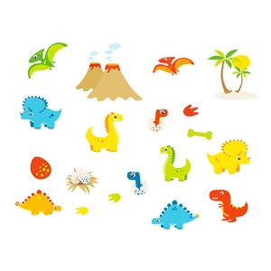 Colorful cartoon dinosaur wall decals set with volcano and prehistoric elements on white