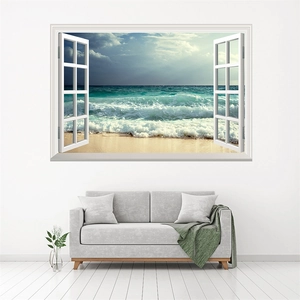 3D ocean beach wave wall sticker with white window frame view for living room decor