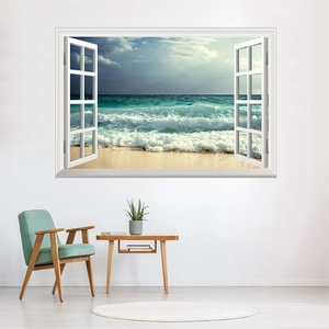 Detail of 3D sea view wall sticker with white window frame and beach landscape scene