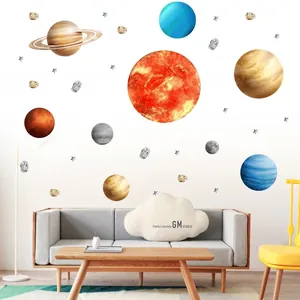 Solar system planet wall decals showing sun and planets in a modern living room