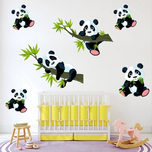Stickers muraux pandas de dessin animé pour chambre d'enfant avec bambou et pandas