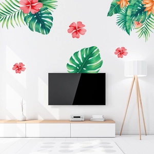 Stickers muraux tropicaux avec feuilles de monstera et fleurs d'hibiscus pour décoration