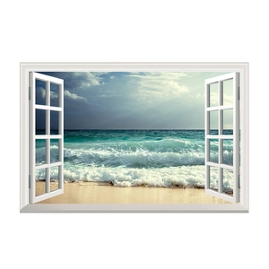 3D ocean beach window view wall sticker with realistic blue waves and clouds decoration