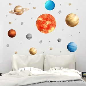 Solar system planet wall decals with Saturn and Mars stars in a kids bedroom setting