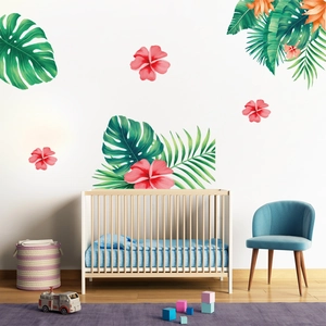 Stickers muraux feuilles de monstera et fleurs d'hibiscus pour déco chambre bébé