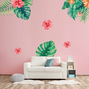 Stickers muraux nordiques feuilles tropicales et fleurs d'hibiscus sur un mur rose